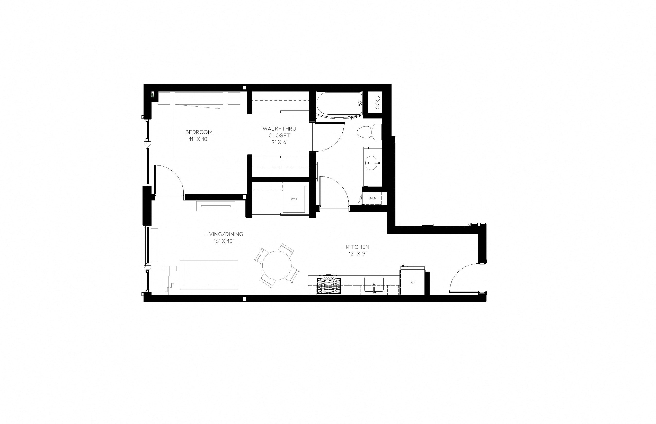 Floor plan for 1 bed, 1 bath, 638 sqft